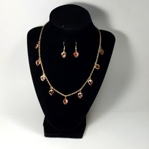 Polished Gold-tone Necklace - Shiny Amber color Heart Charms & Matching Earrings